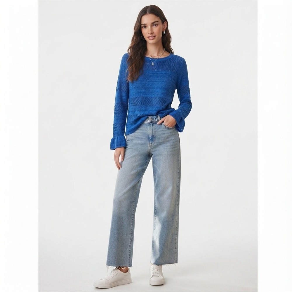 NWT INC Y2K Pointelle Knit Sweater Women Small Cobalt Dream Ruffle Cuff Metallic